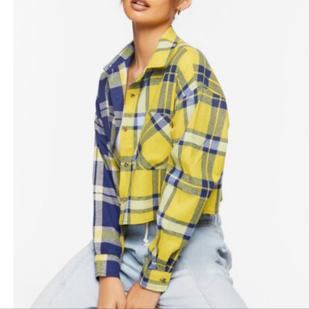 NWT Blue and Yellow Plaid Colorblock Flannel from Forever 21 Sz XS